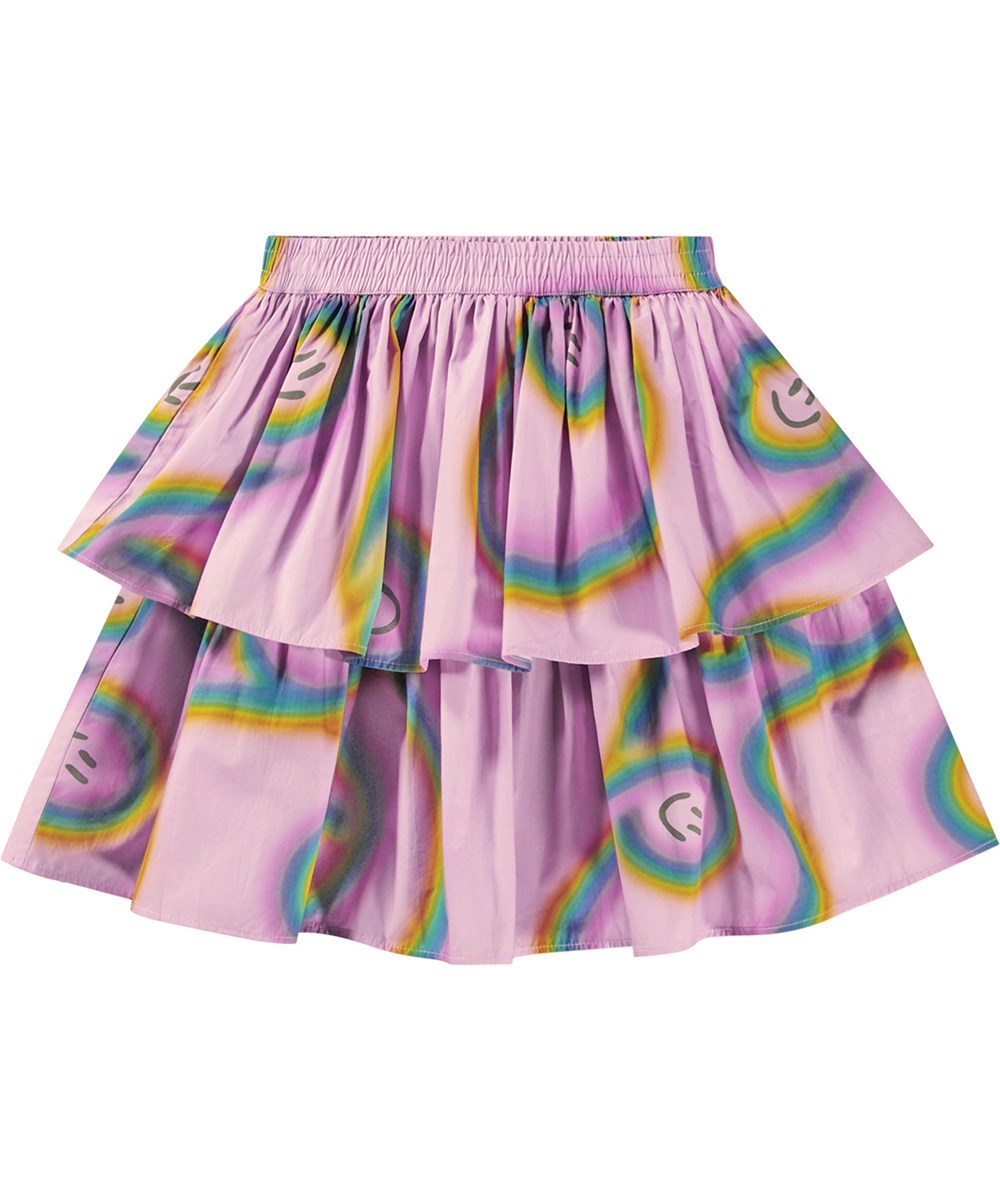 Brigitte - Accelerating Smiles - Mid-length pink skirt in organic cotton with floating rainbow print.