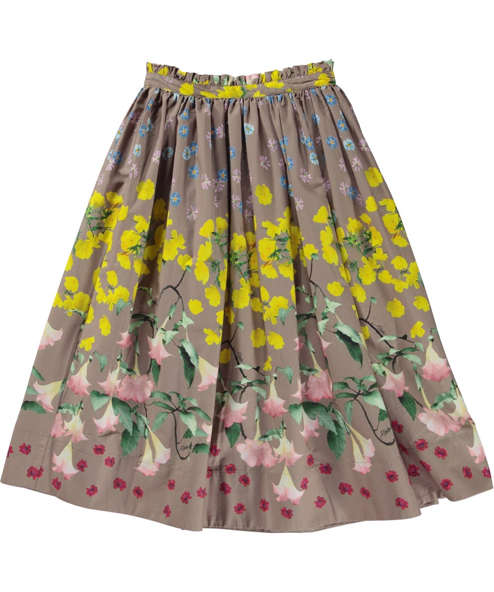 Brisa - Flower Stripe - Grey brown organic maxi skirt with all over floral print