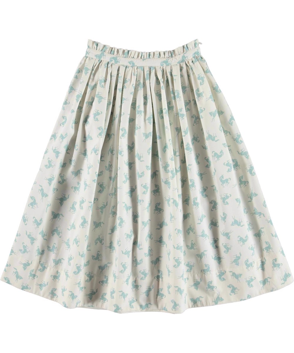Brisa - Mini Horse Blue - White organic long skirt with horses 