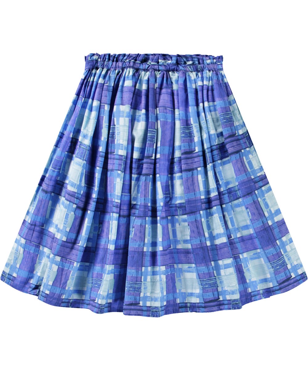Brisali - Blue Checks - Blue checkered knee-length skirt in organic cotton for children.