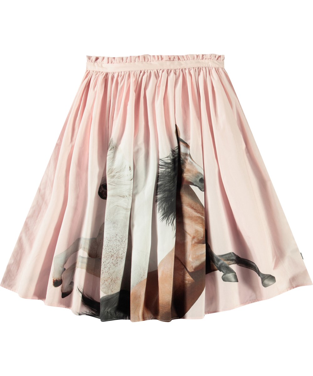 Brisali - Wild And Free - Pink knee-length skirt in organic cotton for children. It has a horse print.