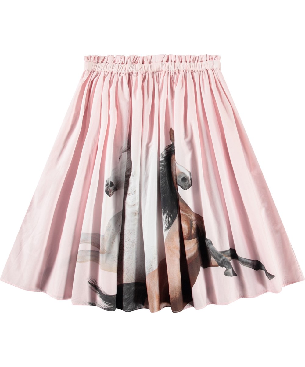 Brisali - Wild And Free - Pink knee-length skirt in organic cotton for children. It has a horse print.