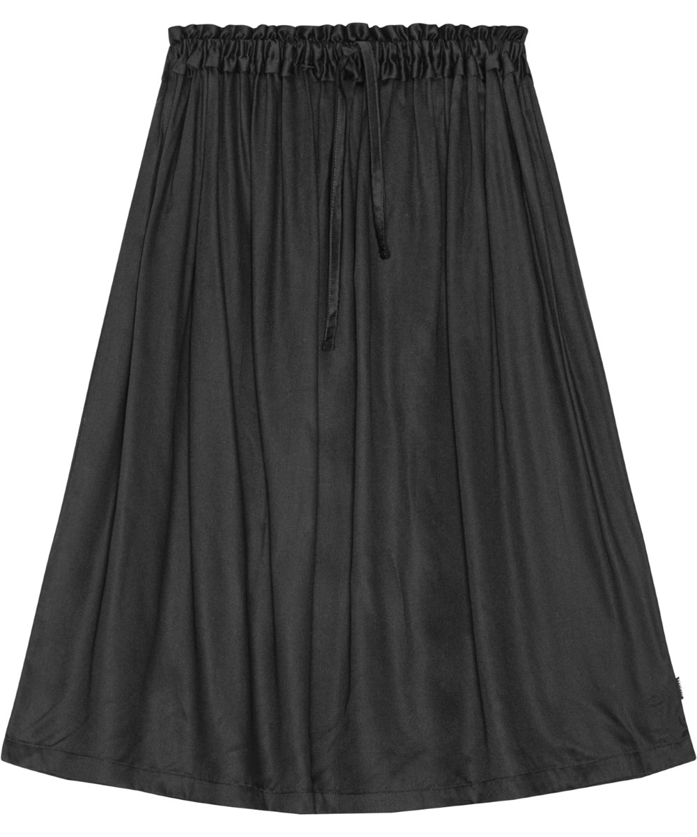 Brittany - Black - Black viscose skirt with elastic drawstring waist, mid-shin length.