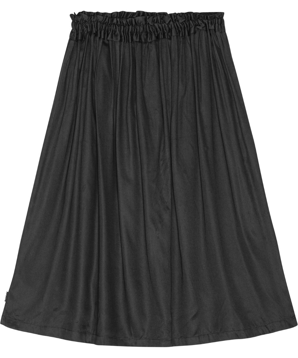 Brittany - Black - Black viscose skirt with elastic drawstring waist, mid-shin length.
