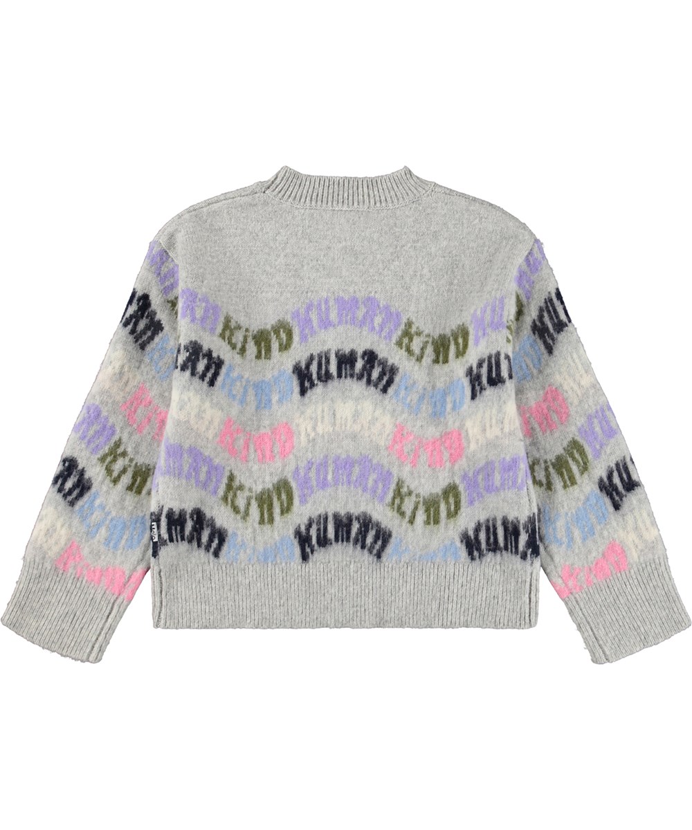 Gayle - Grey Melange - Grey light oversized sweater for children made of wool with multicoloured pattern.