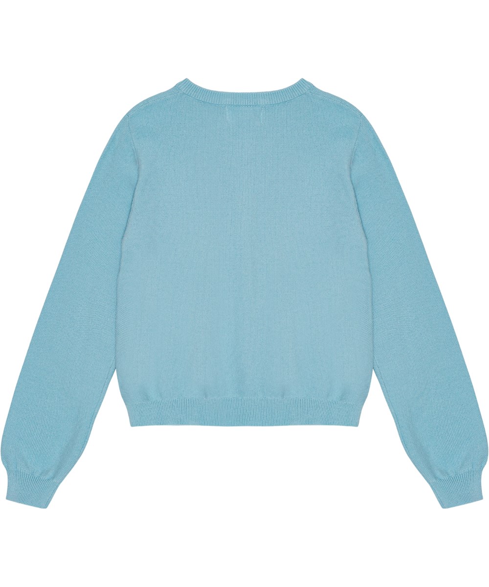 Georgina - Fragile Blue - Stretchy blue knitted cardigan in organic cotton with delicate pattern.