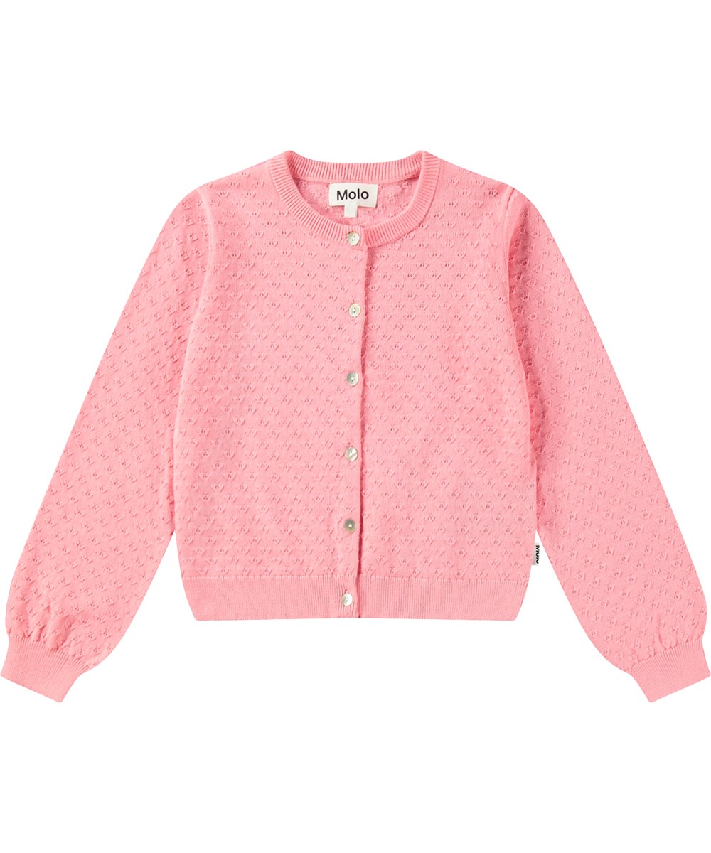 Georgina - Pink Lemonade - Pink knitted cardigan for children in organic cotton with a delicate knitted pattern.