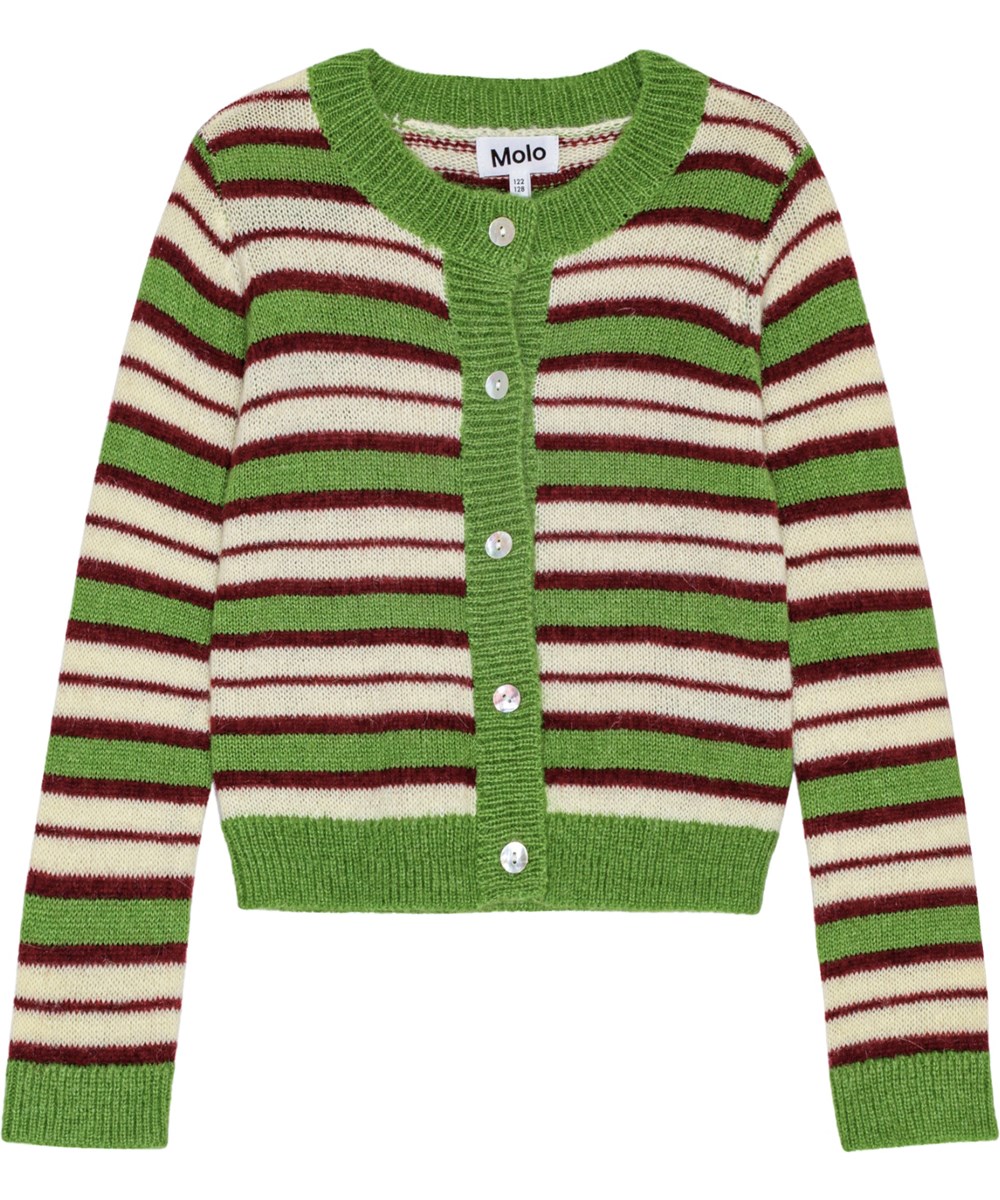 Geraldine - Dream Stripes - Soft wool blend retro-striped cardigan with green ribbed edges.