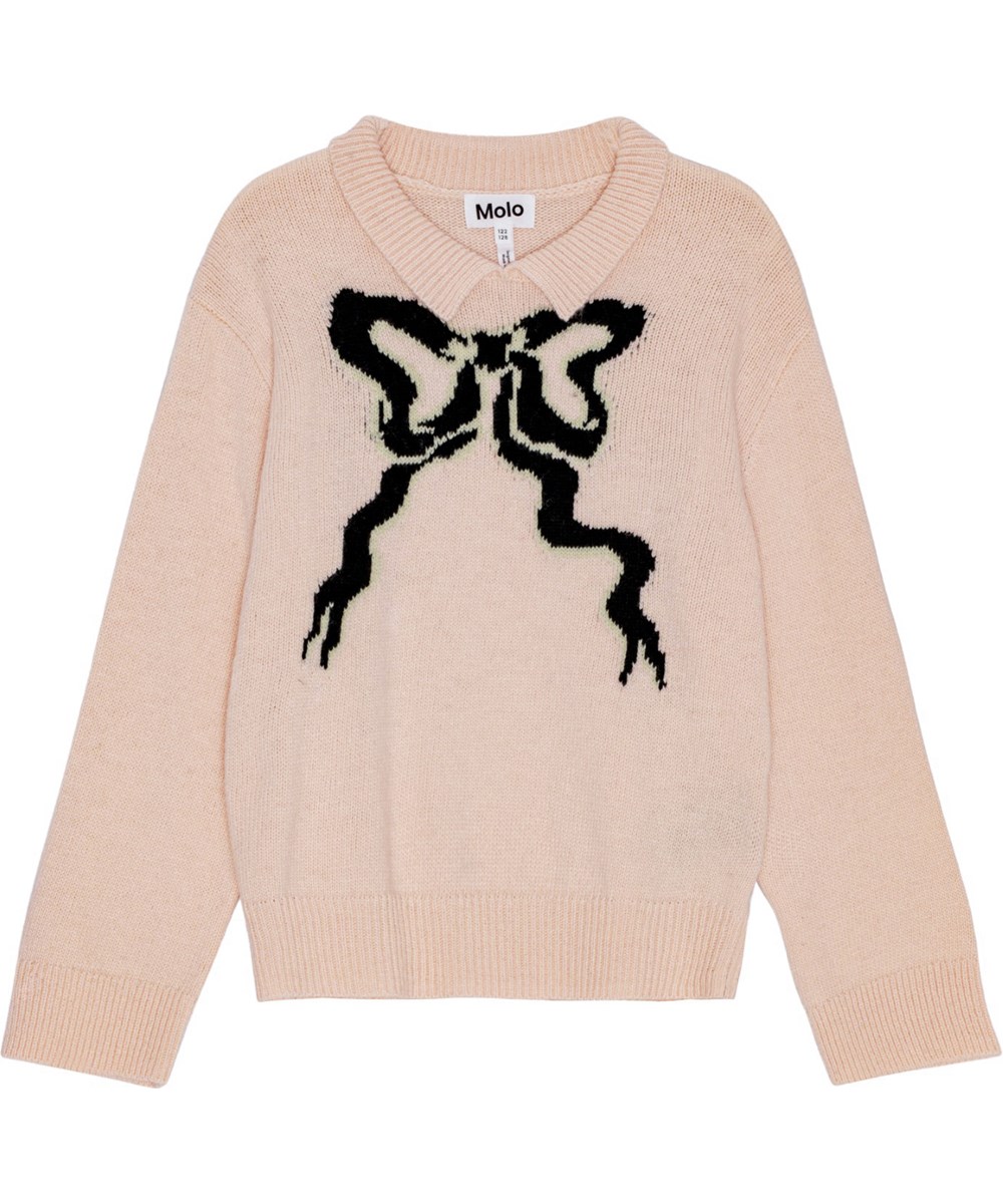 Gerd - Petal Blush - Powder pink wool-blend jumper with knitted collar and black bow.