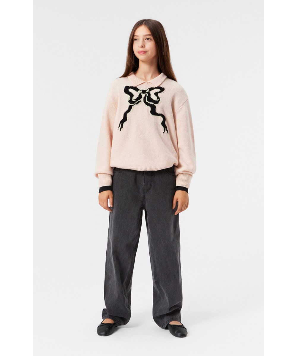 Gerd - Petal Blush - Powder pink wool-blend jumper with knitted collar and black bow.