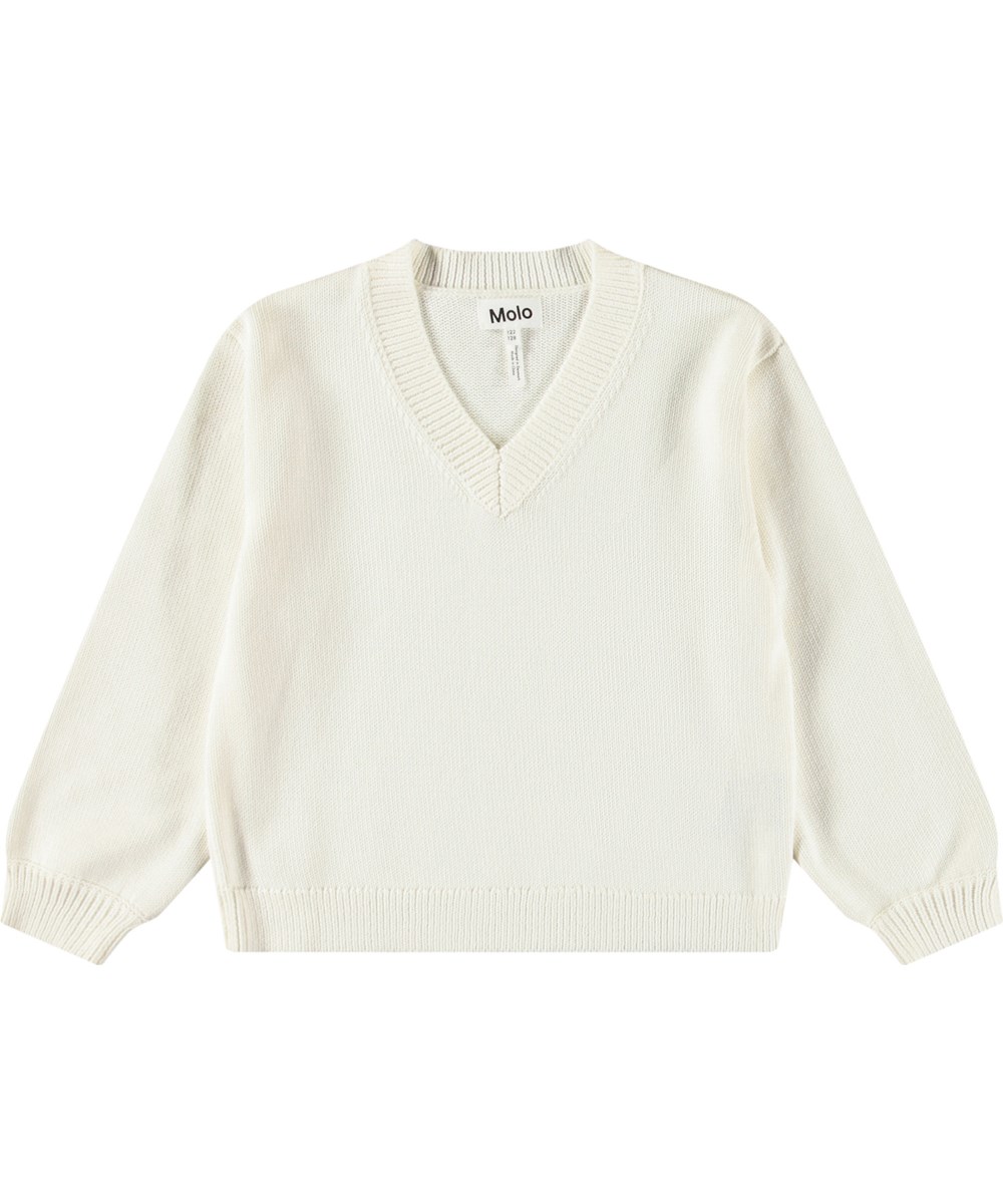 Germaine - Crisp White - Soft white knitted jumper for children in cotton with a v-neck and ribbed edges at the neckline, sleeves, and bottom of the jumper.
