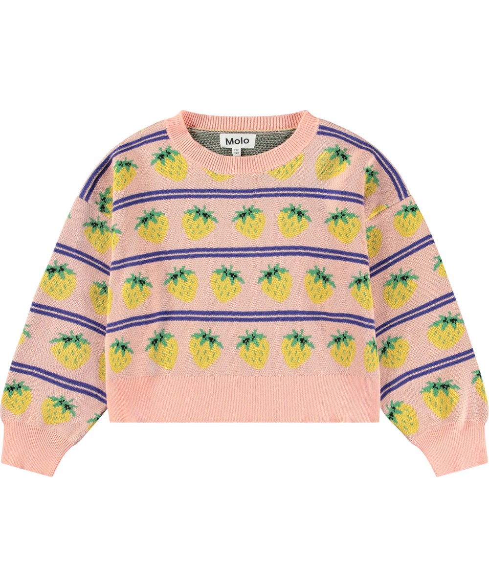 Gerrie - Nature Fruits - Pink jumper for children in a soft cotton knit with yellow strawberries.
