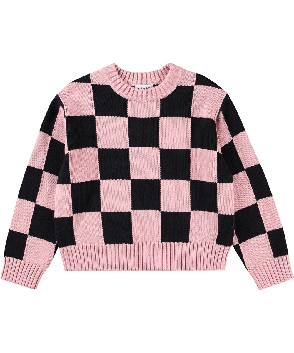 Gertina - Black Rose Check - Black and pink checkered jumper for children in a soft cotton knit.