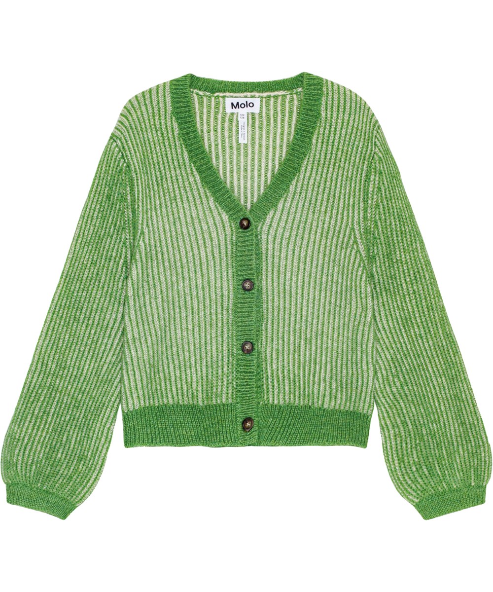 Gia - Jadesheen - Green and off-white wool blend cardigan with ribbed neckline and button placket.