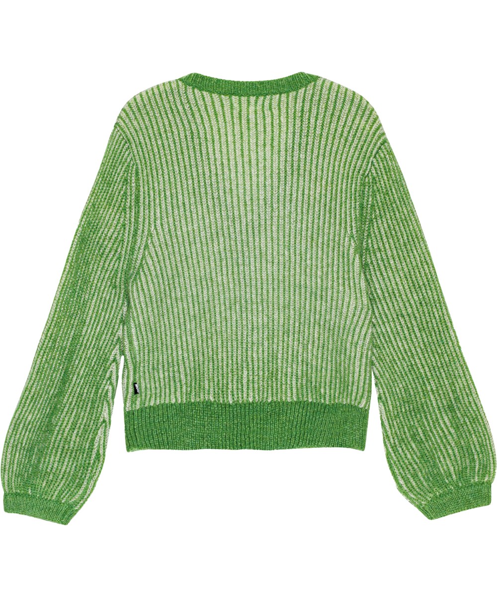 Gia - Jadesheen - Green and off-white wool blend cardigan with ribbed neckline and button placket.