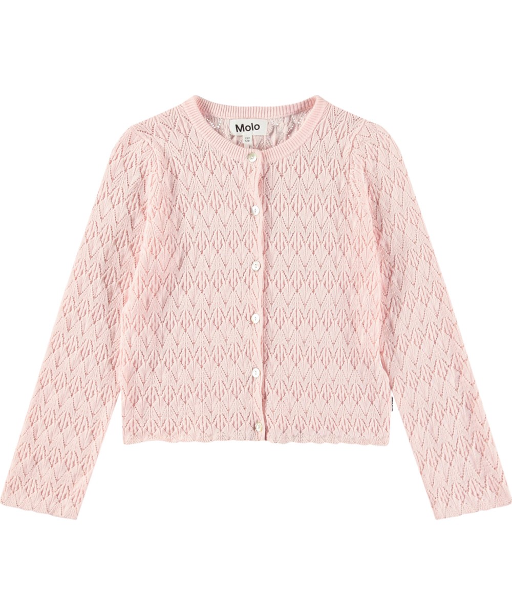 Gigi - Charlotte Pink - Pink knitted cardigan for children in soft organic cotton with a beautiful lace pattern.