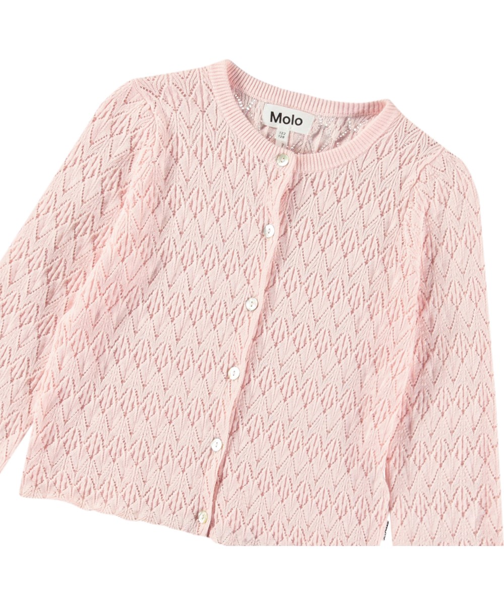 Gigi - Charlotte Pink - Pink knitted cardigan for children in soft organic cotton with a beautiful lace pattern.