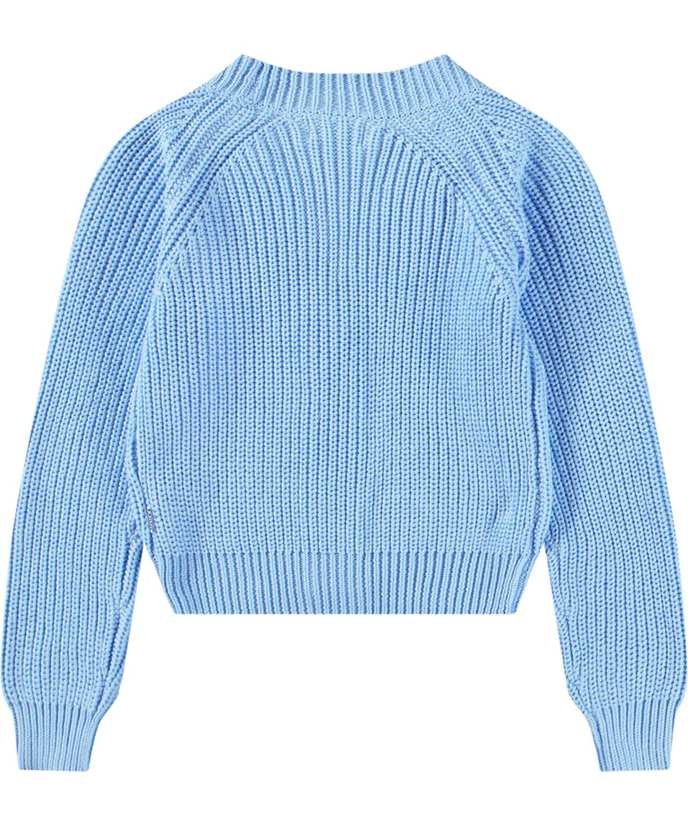 Gilberta - Day Sky - Soft light blue knitted cardigan for children in cotton with a V-neckline.