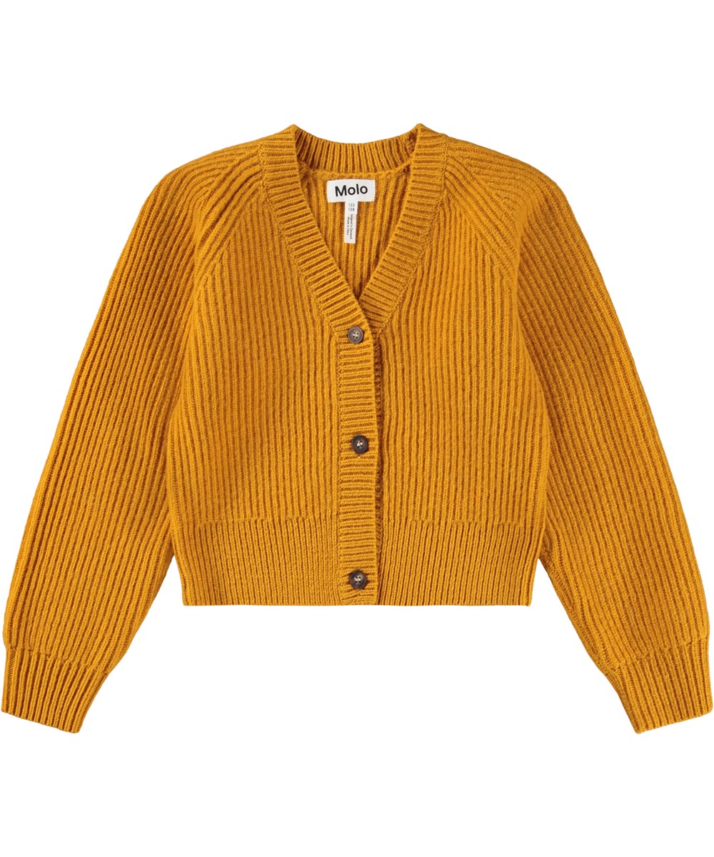 Gilberta - Energy - Dark yellow cardigan for children made of soft knitted wool.