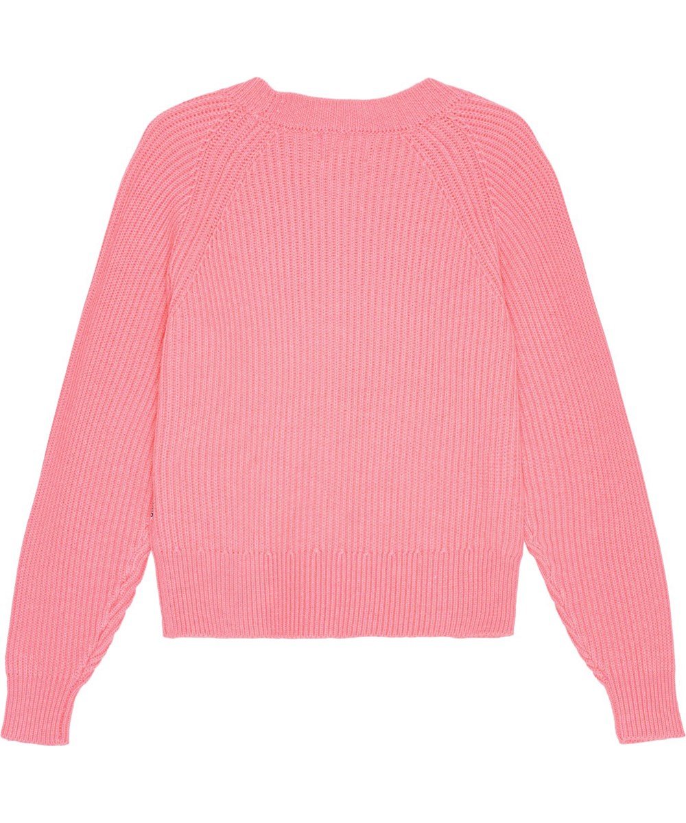 Gilberta - Flamingo Plume - Light pink cotton cardigan with ribbed neckline and mother-of-pearl buttons.