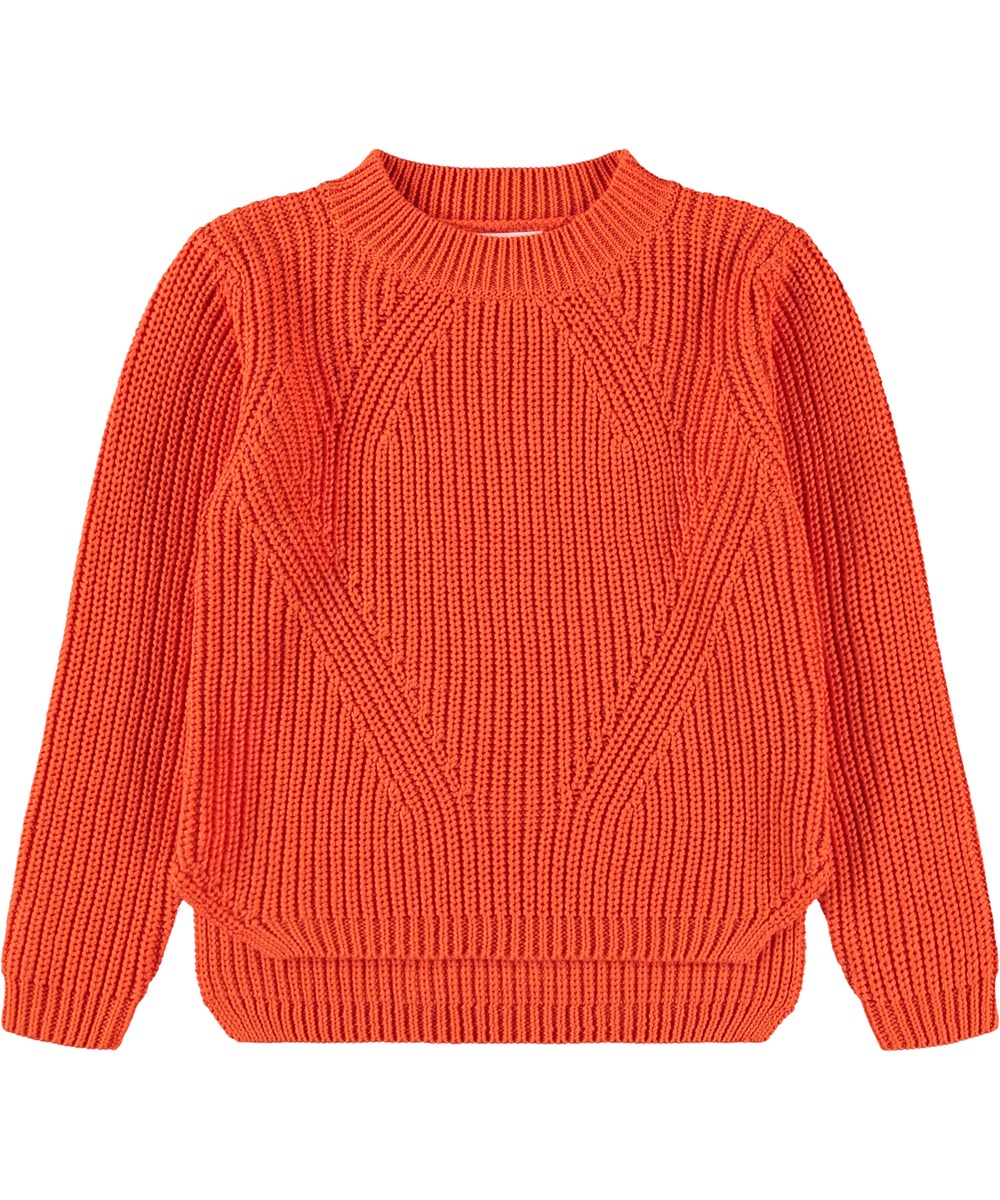 Gillis - Rising Sun - Orange long-sleeved knitted sweater for children made of soft organic cotton with a round neck.