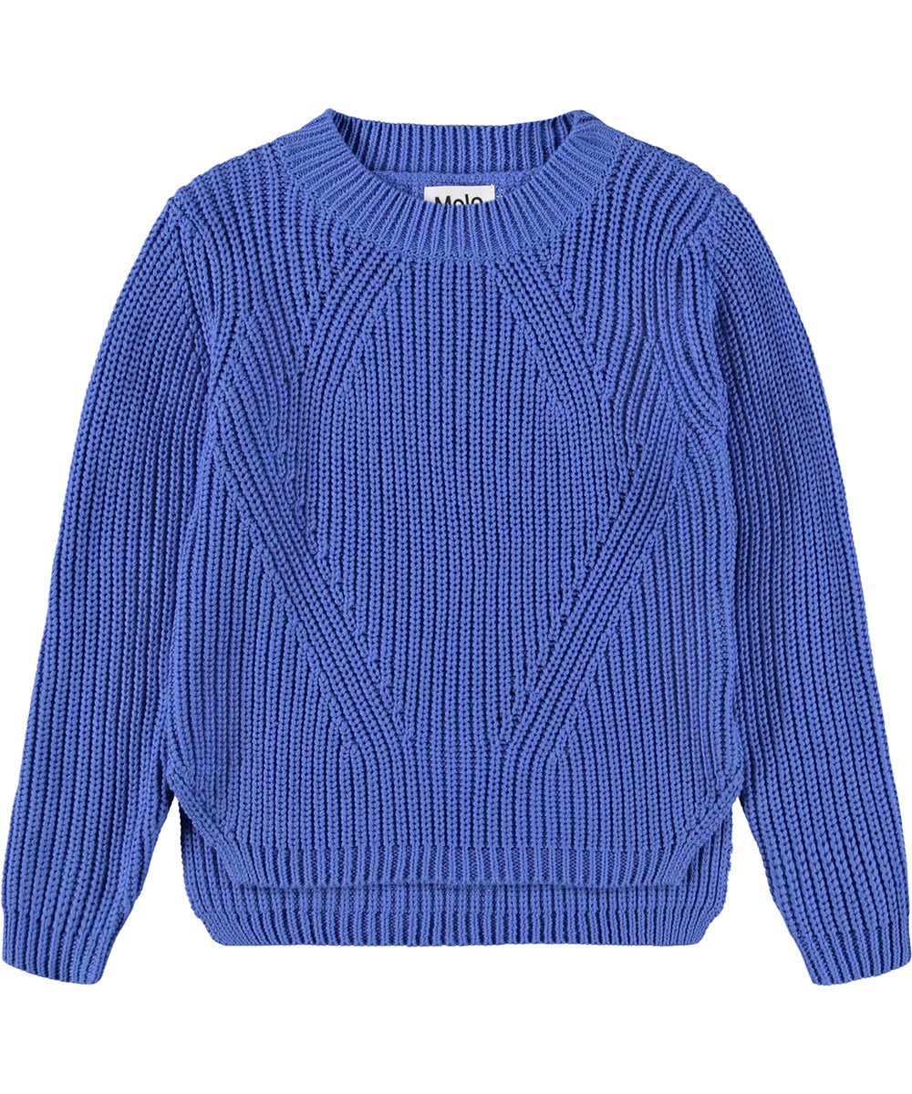 Gillis - Violet Blue - Blue long-sleeved knitted sweater for children made of soft organic cotton with a round neck.