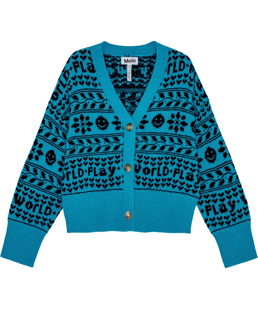 Gilly - Peacock Blue - Turquoise knitted cardigan with Nordic-inspired pattern and button closure.