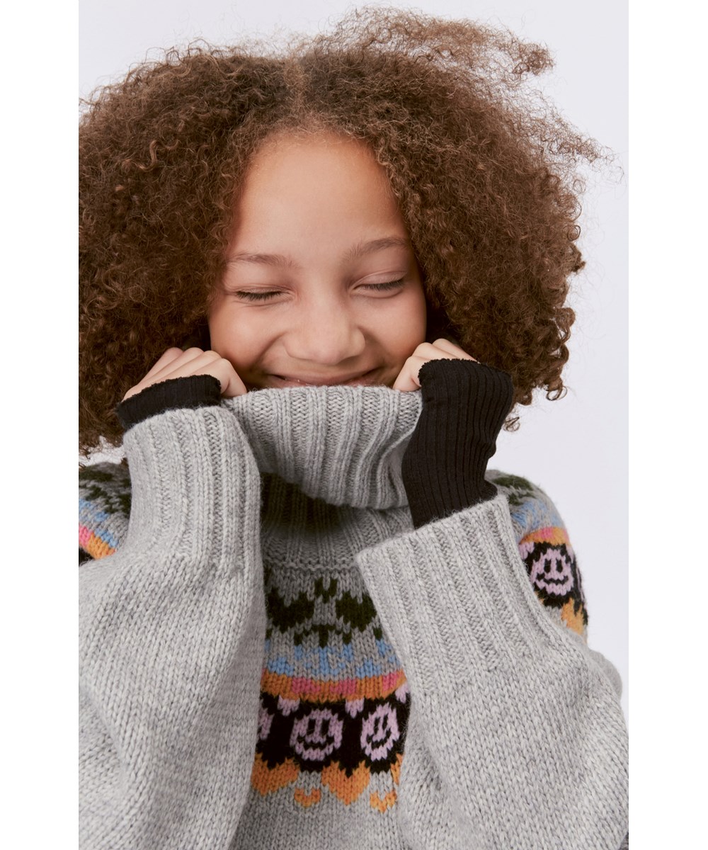 Gimla - Light Grey Melange - Light grey melange knit jumper with a high roll-neck and pattern