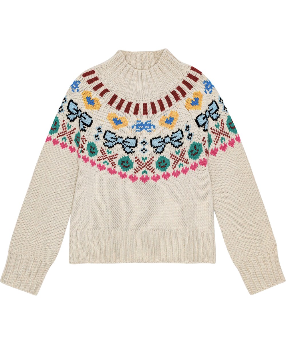Gimlassi - Pixel Bows - Beige Nordic-inspired knitted sweater in wool/acrylic blend with pixelated print.