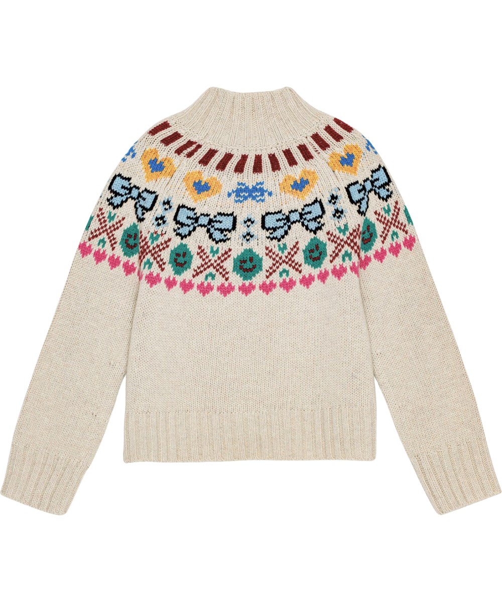 Gimlassi - Pixel Bows - Beige Nordic-inspired knitted sweater in wool/acrylic blend with pixelated print.