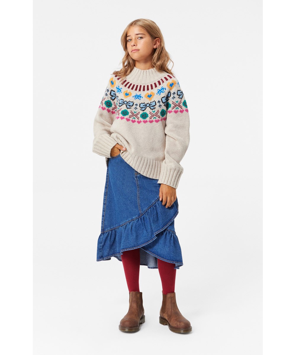 Gimlassi - Pixel Bows - Beige Nordic-inspired knitted sweater in wool/acrylic blend with pixelated print.
