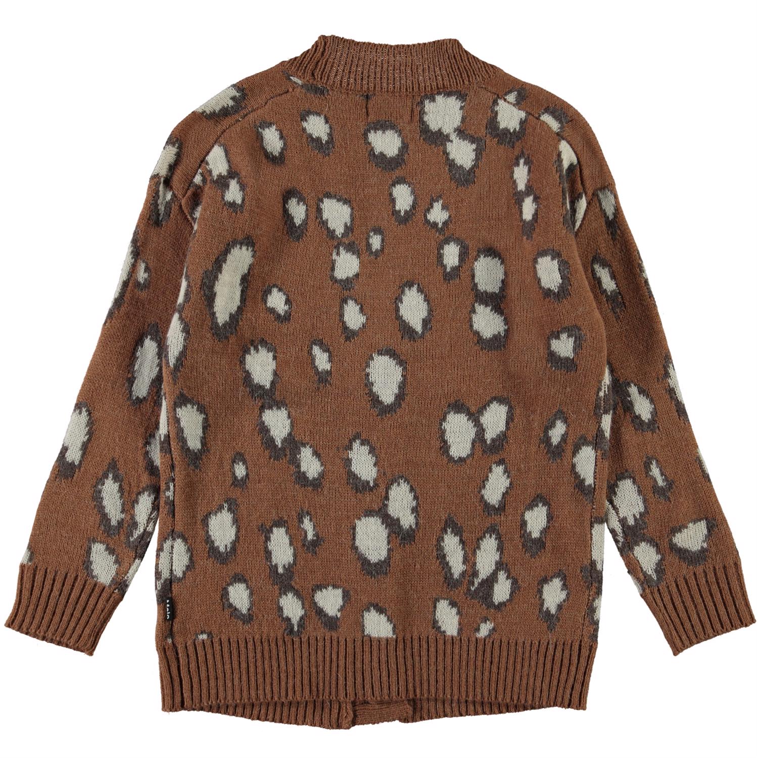 vector mosaic knit polo （BECK and CALL） Gina - Graphic Deer - Brown knit cardigan with white spots