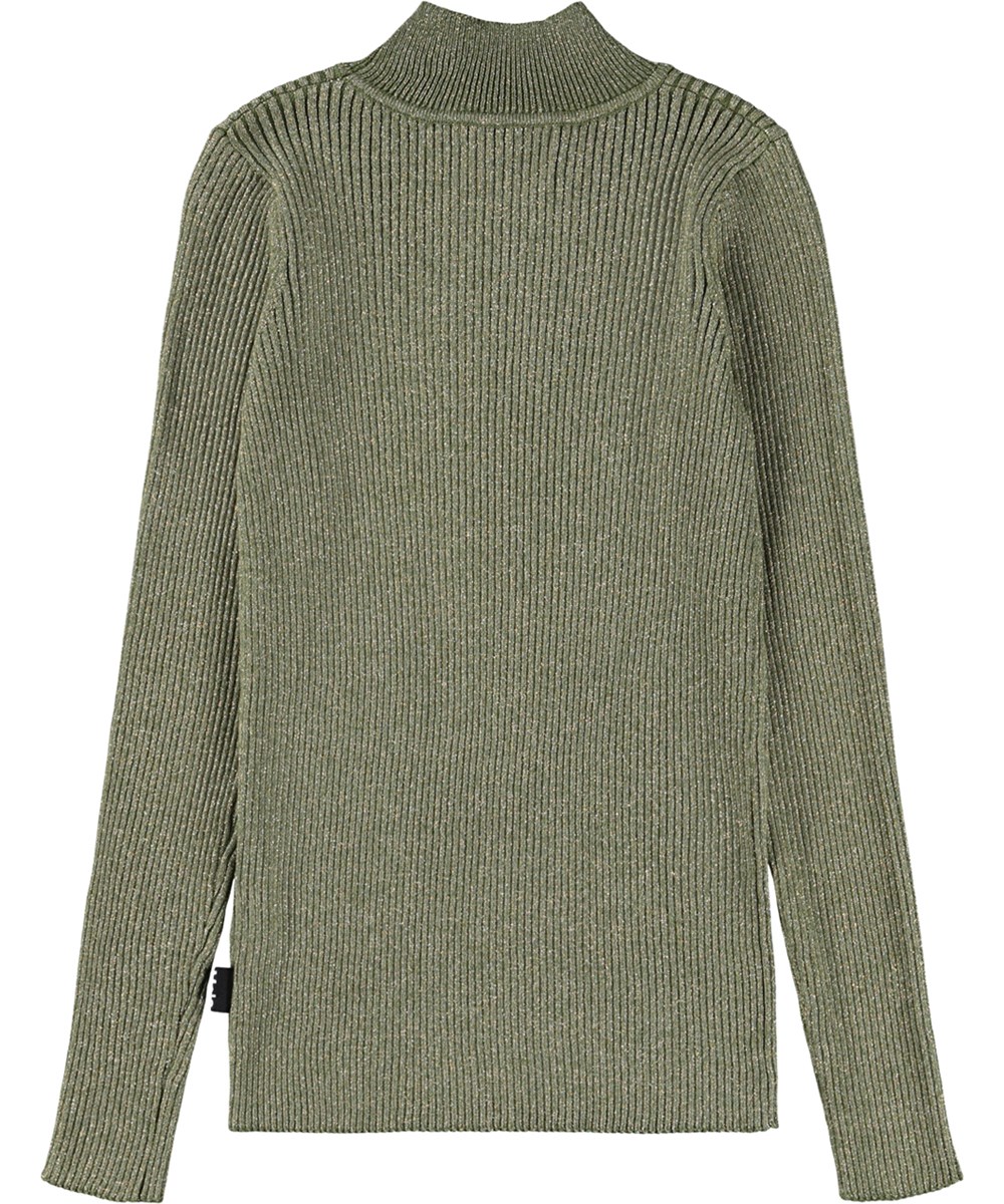 Ginevra - Golden Evergreen - Green rib-knitted sweater for children made of cotton with metallic thread.