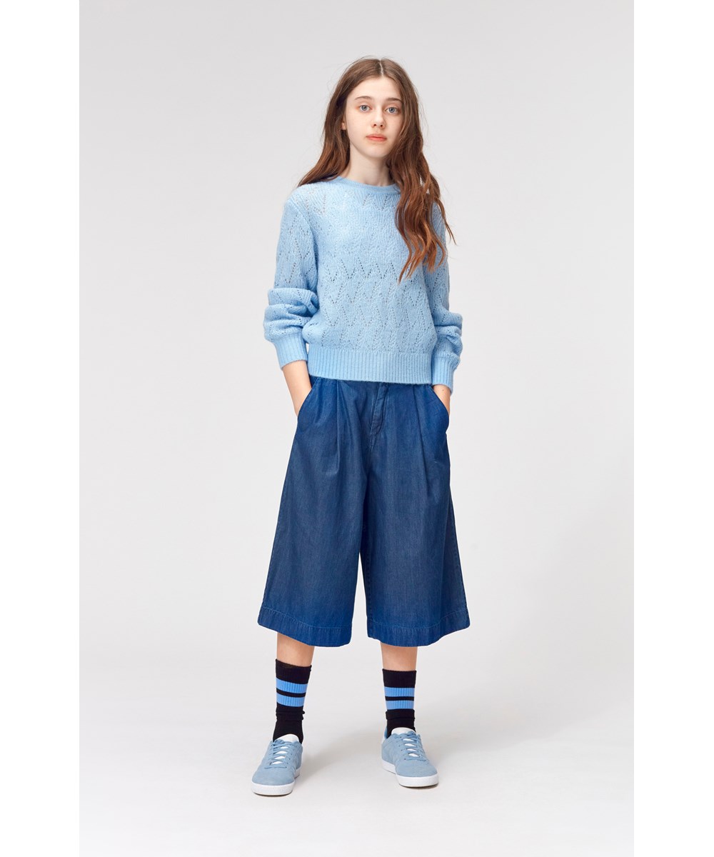 Ginger - Blue Sky - Light blue knit top with hole pattern