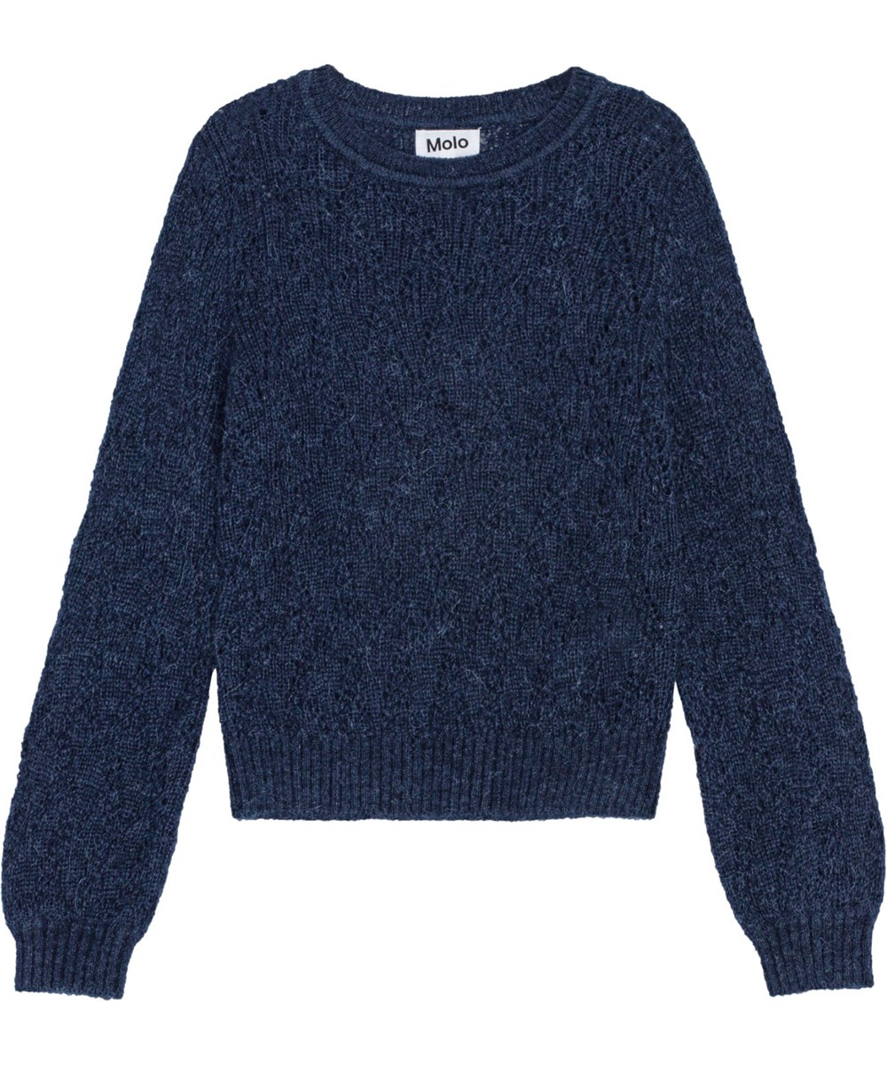 Ginger - Vibrant Blue - Navy alpaca wool blends jumper with a delicate hole pattern.