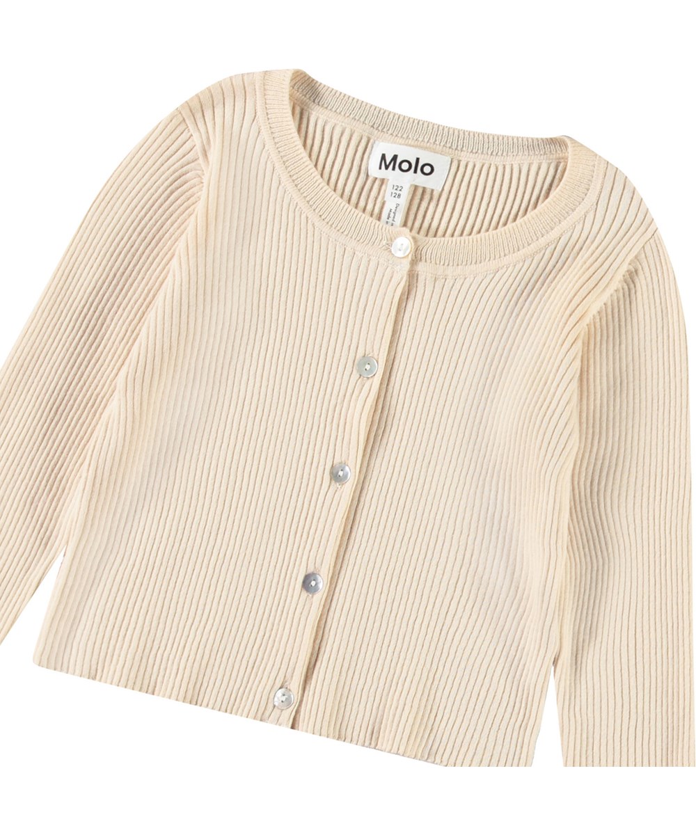 Giselle - Brazilian Sand - Off-white cardigan for children in a soft organic cotton rib with mother-of-pearl buttons.