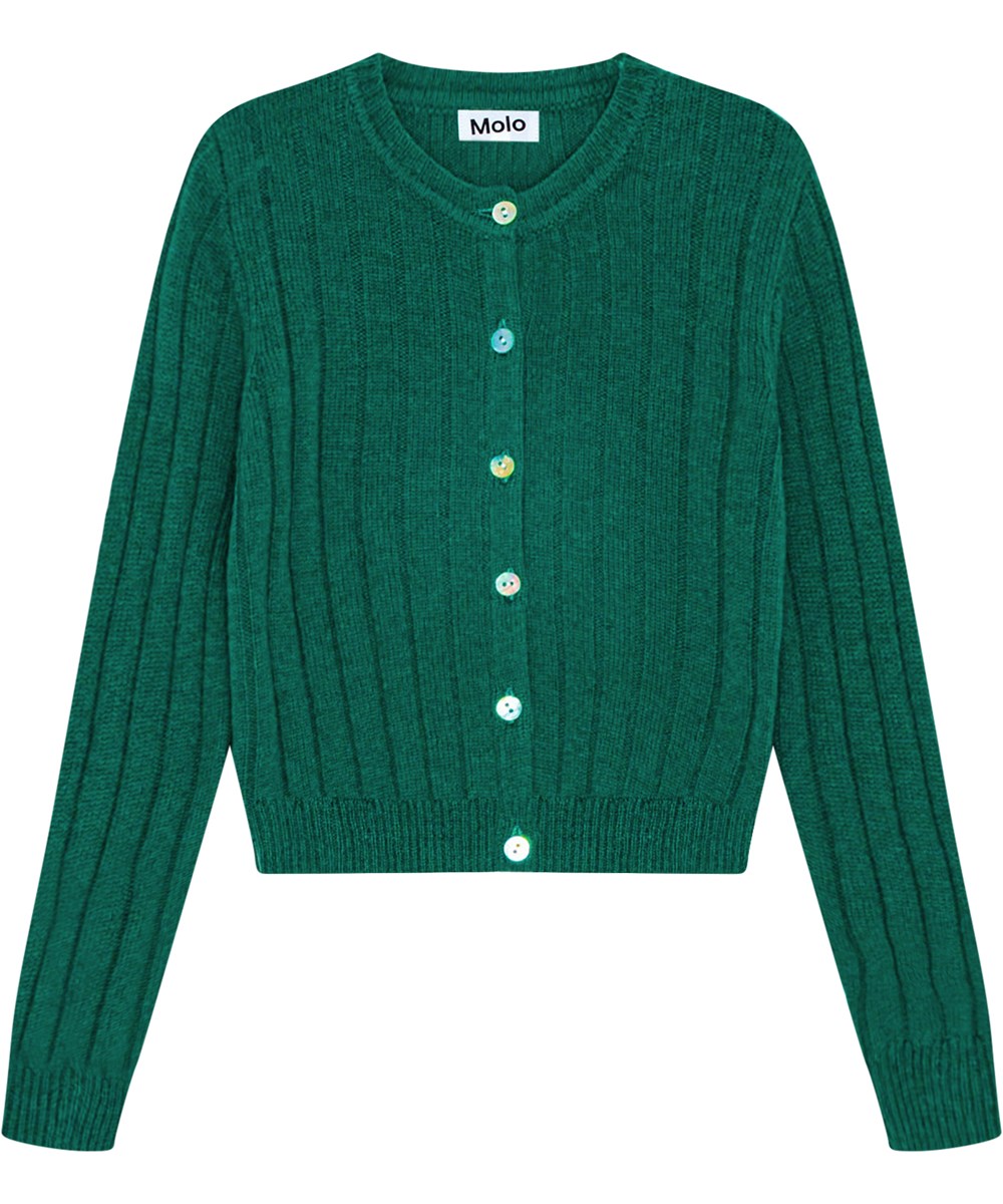 Gloria - Sporting Green - Snug-fitting green wool cardigan with ribbed edges and mother-of-pearl buttons.