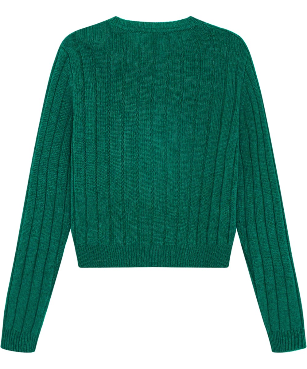 Gloria - Sporting Green - Snug-fitting green wool cardigan with ribbed edges and mother-of-pearl buttons.
