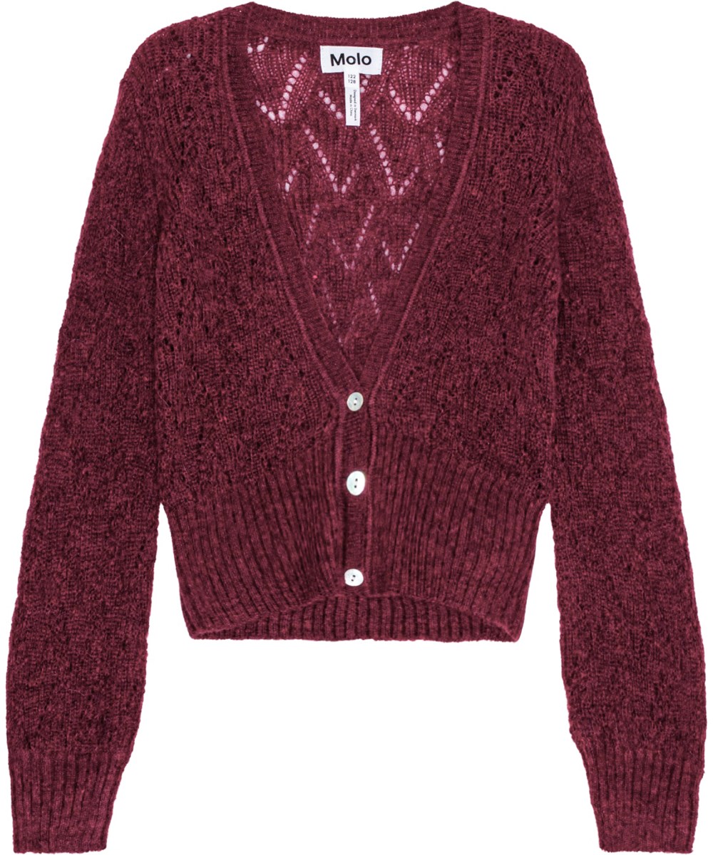 Glory - Velvety - Soft wool blend bordeaux cardigan with hole pattern and button closure.