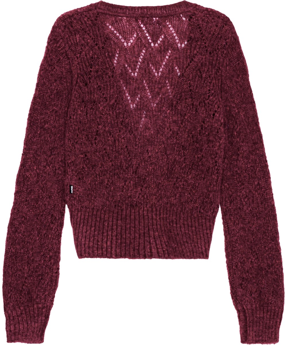 Glory - Velvety - Soft wool blend bordeaux cardigan with hole pattern and button closure.