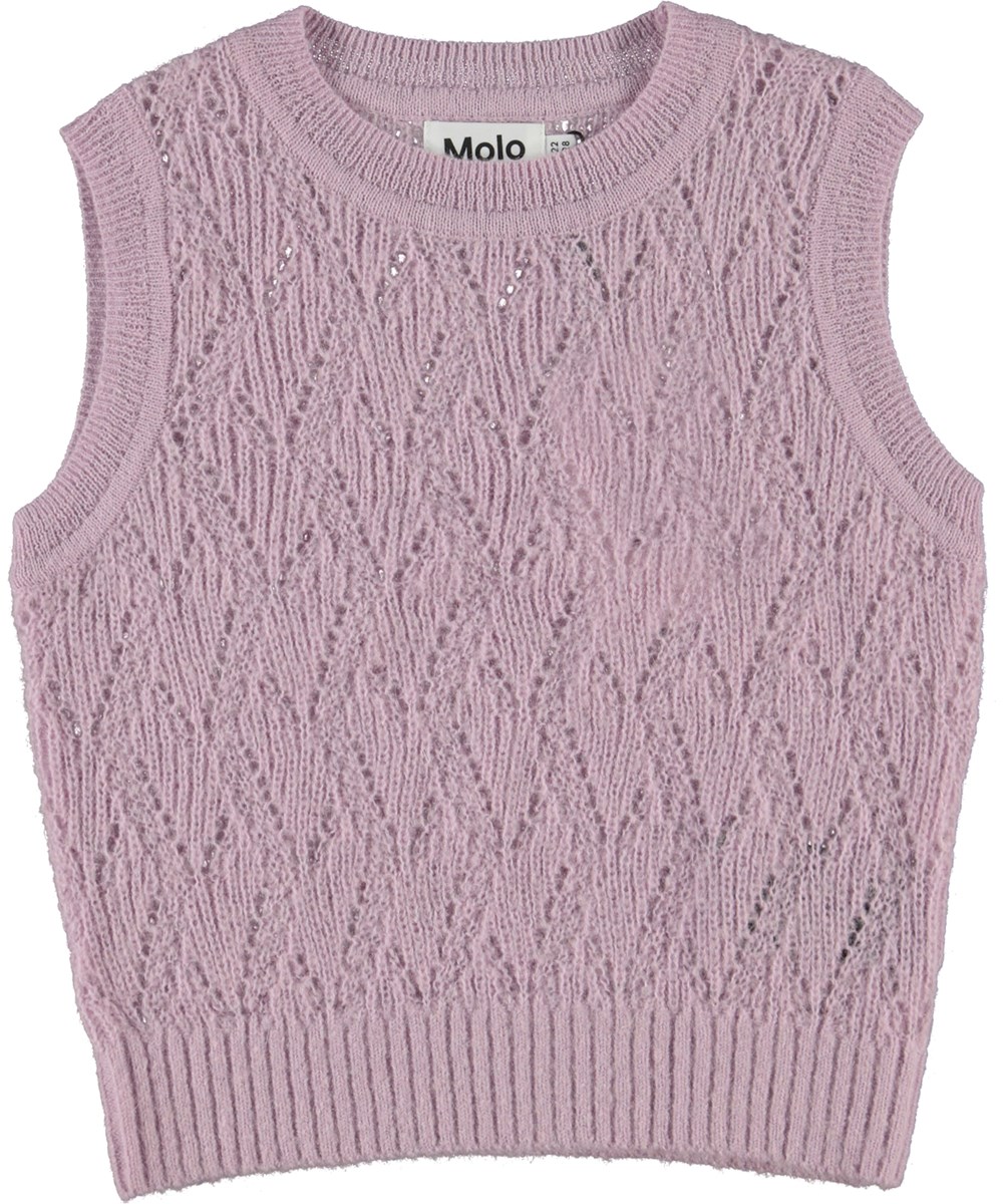 Greta - Alpine Glow - Light purple knit waistcoat in a hole pattern