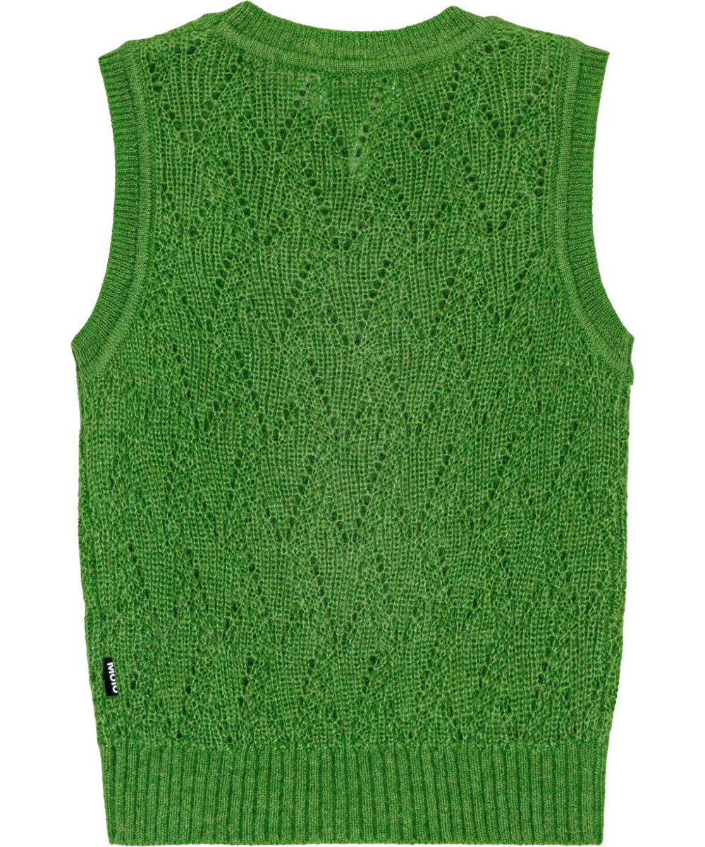 Greta - Jadesheen - Green knitted waistcoat in soft alpaca wool/wool blend with delicate hole pattern.