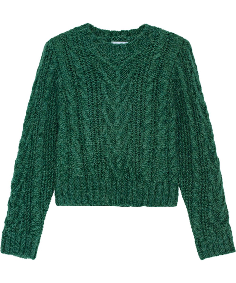 Grete - Aventurine - Soft green alpaca wool jumper with cable knit pattern.