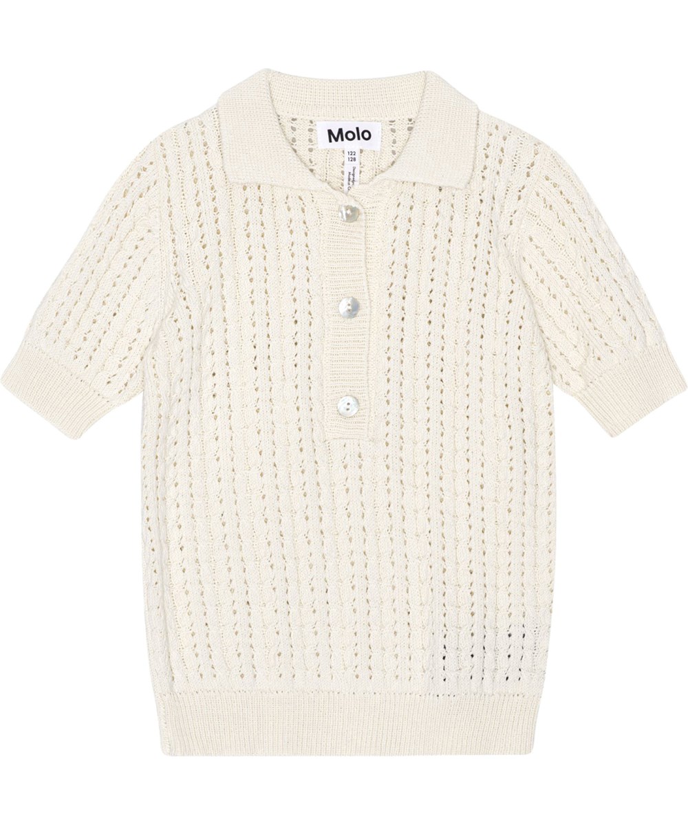 Gretel - Sea Shell - Off-white knit t-shirt in soft cotton with beautiful hole pattern