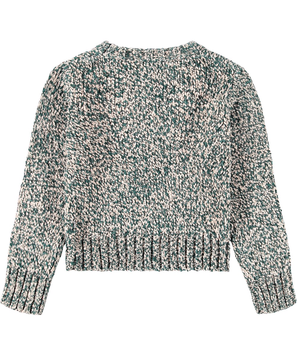 Grett - Cosmic Rose Mix - Knitted sweater for children made of chenille yarn in pink and green.