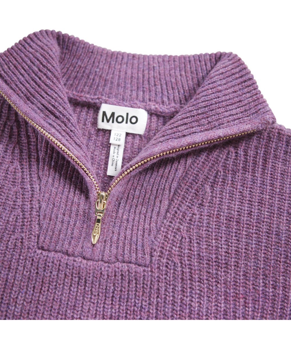 Gretta - Purple Ray - Purple rib-knitted sweater for children made of a wool blend.