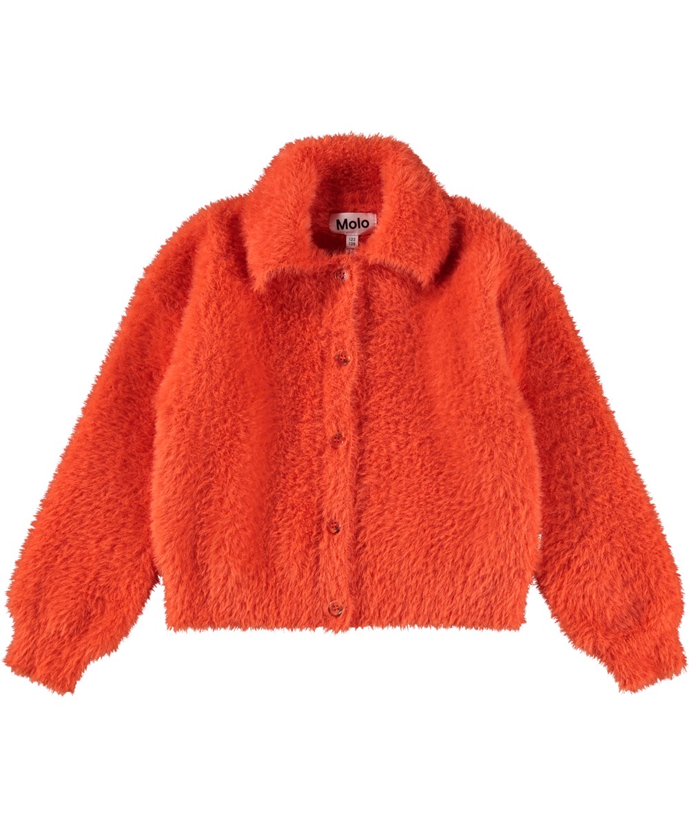 Gwen - Rising Sun - Orange cardigan for children with a red tint and fake fur look.
