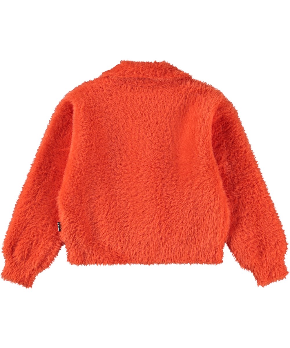 Gwen - Rising Sun - Orange cardigan for children with a red tint and fake fur look.