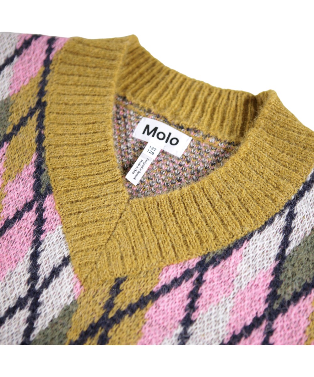 Gwenda - Big Argyle - Rose sweater for children made of an alpaca wool blend.