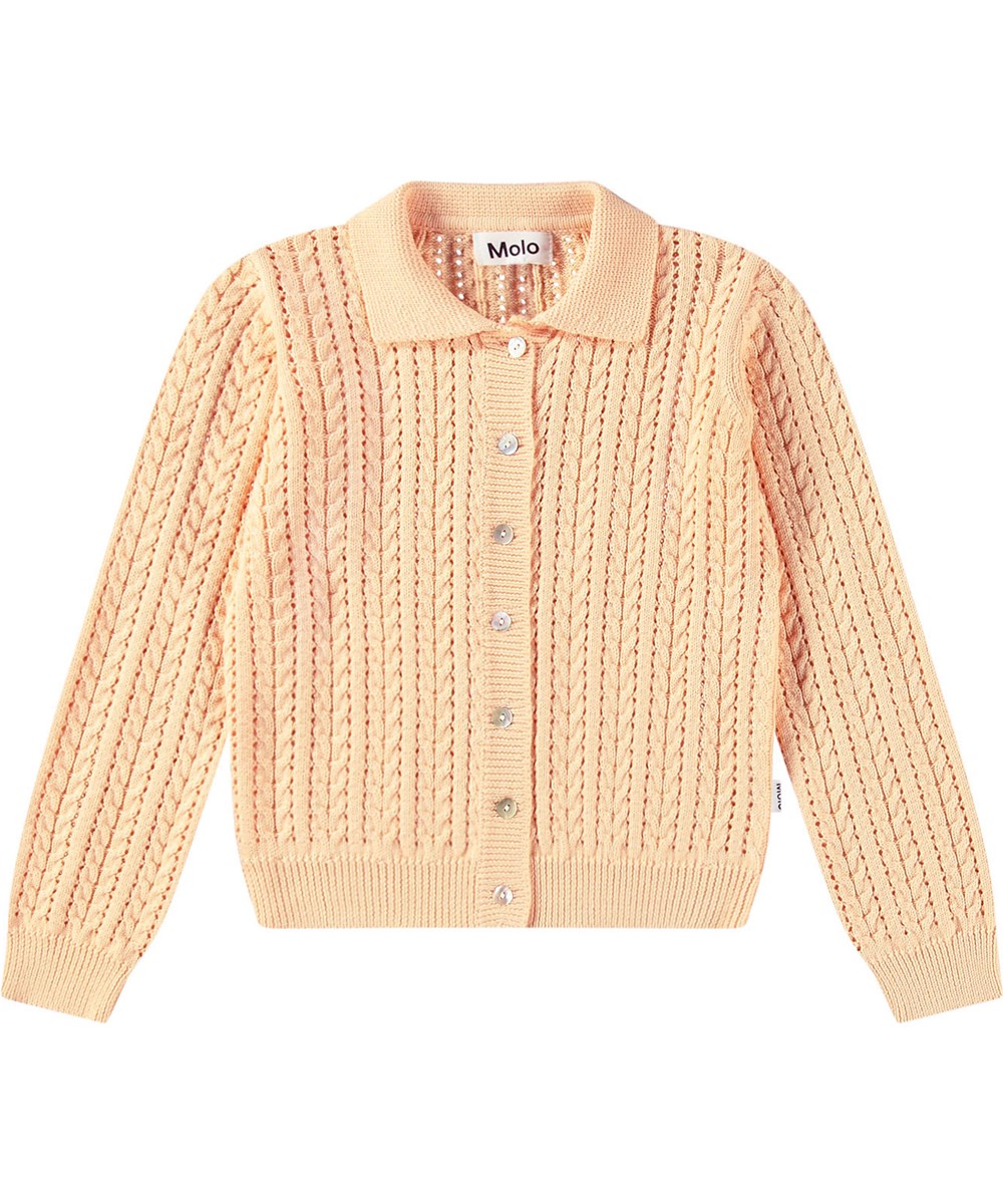 Gwendolyn - Pale Melon - Knitted light orange cardigan for children in soft organic cotton with mother-of-pearl buttons.